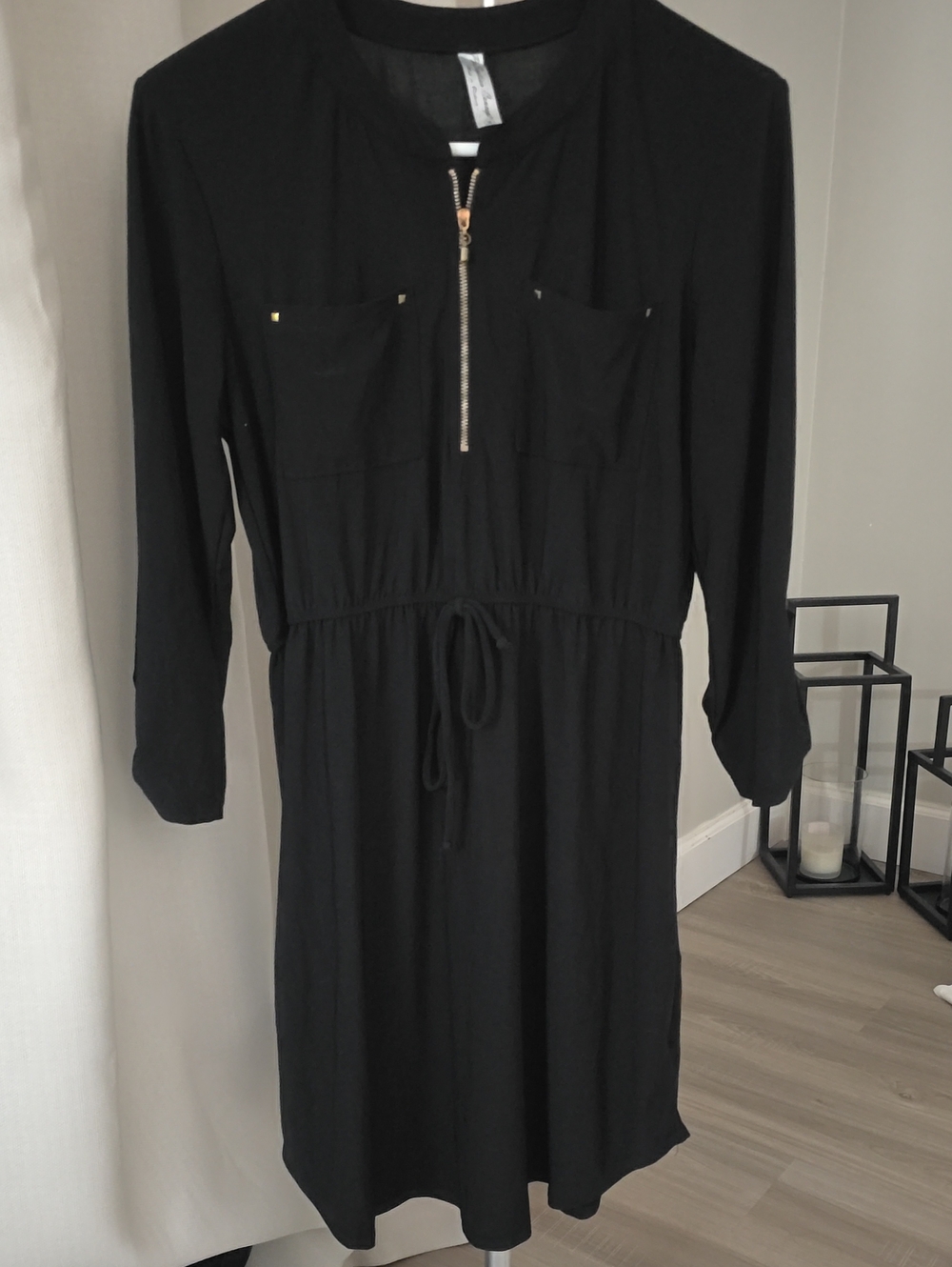 PerSeption Concept Black Zip-Front Drawstring Midi Dress
